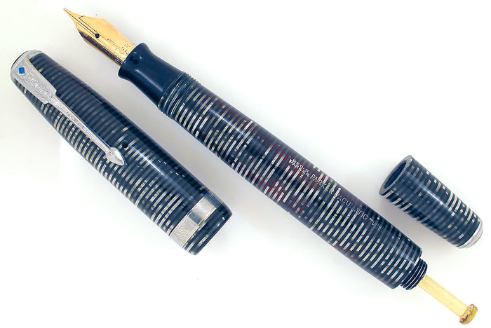 1939 PARKER SILVER PEARL DOUBLE JEWEL VACUMATIC FOUNTAIN PEN LONG MAJOR RESTORED OFFERED BY ANTIQUE DIGGER