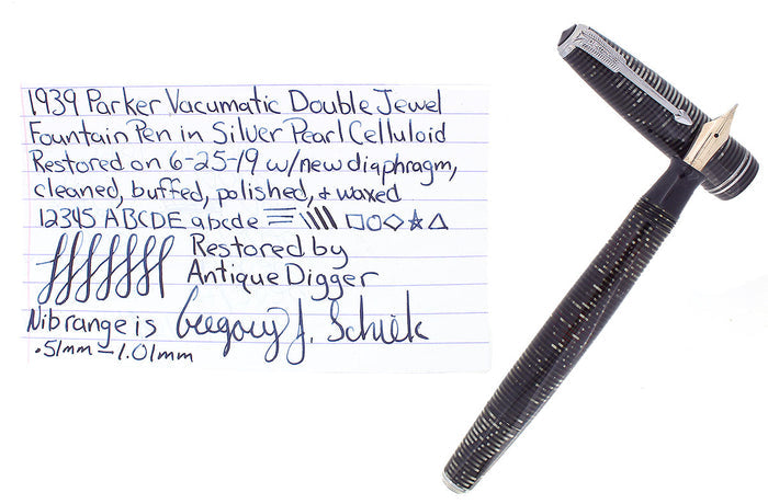 1939 PARKER SILVER PEARL VACUMATIC DOUBLE JEWEL FOUNTAIN PEN F-B NIB RESTORED OFFERED BY ANTIQUE DIGGER