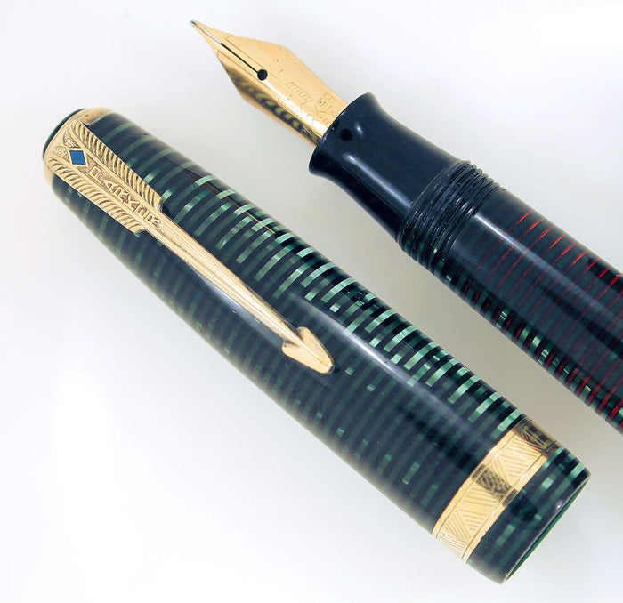 1940 PARKER EMERALD PEARL VACUMATIC MAJOR FOUNTAIN PEN F to BB FLEX NIB RESTORED OFFERED BY ANTIQUE DIGGER