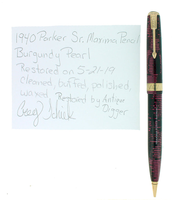 1940 PARKER SENIOR MAXIMA VACUMATIC BURGUNDY PEARL MECHANICAL PENCIL RESTORED OFFERED BY ANTIQUE DIGGER