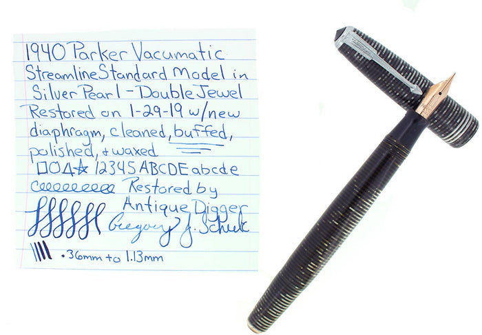 1940 PARKER SILVER PEARL STREAMLINE STANDARD VACUMATIC FOUNTAIN PEN RESTORED OFFERED BY ANTIQUE DIGGER