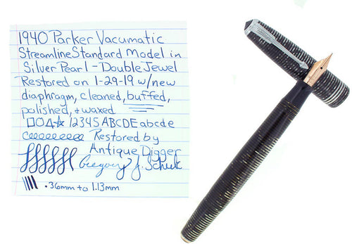 1940 PARKER SILVER PEARL STREAMLINE STANDARD VACUMATIC FOUNTAIN PEN RESTORED OFFERED BY ANTIQUE DIGGER