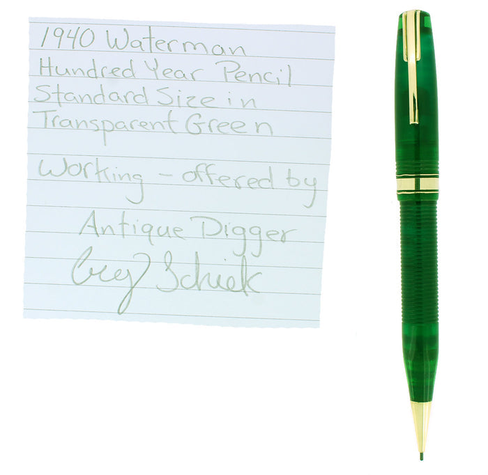 1940 WATERMAN 100 HUNDRED YEAR TRANSPARENT GREEN RIBBED PENCIL OFFERED BY ANTIQUE DIGGER