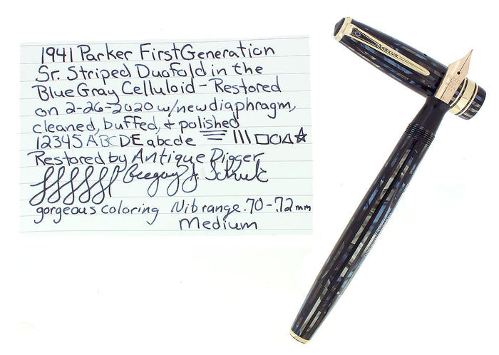 1941 PARKER 1ST GEN SENIOR STRIPED DUOFOLD BLUE GRAY FOUNTAIN PEN RESTORED OFFERED BY ANTIQUE DIGGER