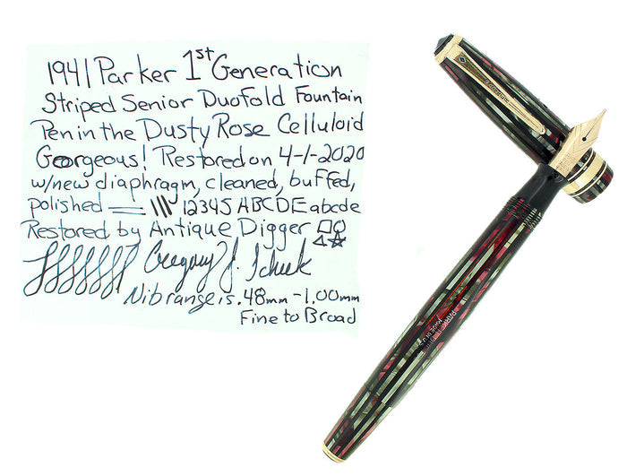 1941 PARKER 1ST GEN SENIOR STRIPED DUOFOLD DUSTY ROSE FOUNTAIN PEN RESTORED OFFERED BY ANTIQUE DIGGER