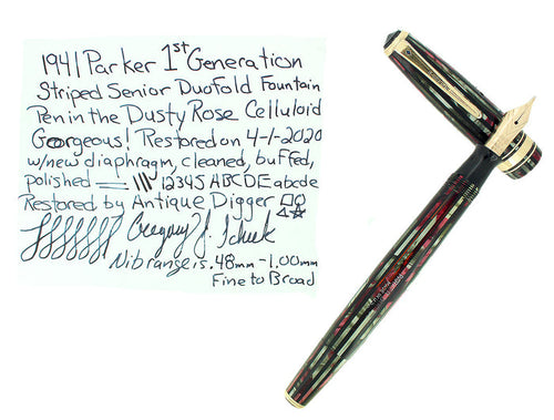 1941 PARKER 1ST GEN SENIOR STRIPED DUOFOLD DUSTY ROSE FOUNTAIN PEN RESTORED OFFERED BY ANTIQUE DIGGER