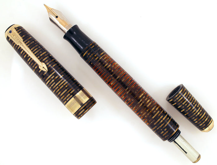 1941 PARKER GOLD PEARL DOUBLE JEWEL VACUMATIC FOUNTAIN PEN JEWELER BAND RESTORED