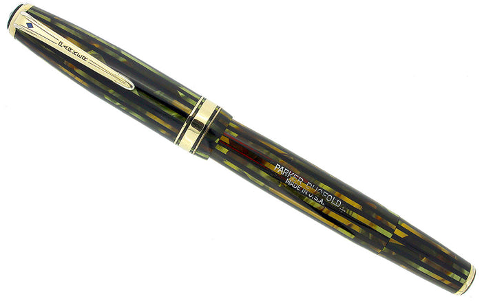 1941 PARKER STRIPED SENIOR DUOFOLD GREEN GOLD CELLULOID FOUNTAIN PEN RESTORED OFFERED BY ANTIQUE DIGGER