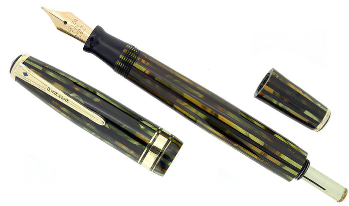 1941 PARKER STRIPED SENIOR DUOFOLD GREEN GOLD CELLULOID FOUNTAIN PEN RESTORED OFFERED BY ANTIQUE DIGGER