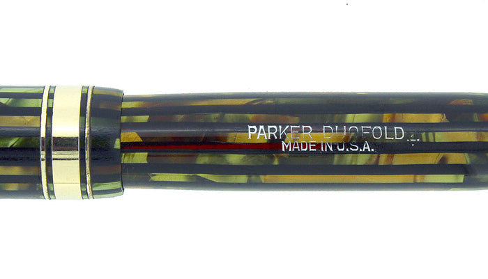 1941 PARKER STRIPED SENIOR DUOFOLD GREEN GOLD CELLULOID FOUNTAIN PEN RESTORED OFFERED BY ANTIQUE DIGGER