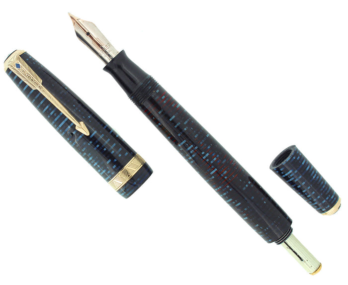 1941 PARKER VACUMATIC AZURE PEARL DOUBLE JEWEL LONG MAJOR FOUNTAIN PEN RESTORED OFFERED BY ANTIQUE DIGGER