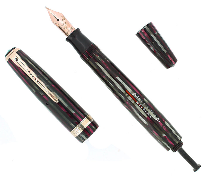 1944 PARKER STRIPED DUOFOLD SENIOR DUSTY ROSE BLUE DIAMOND FOUNTAIN PEN RESTORED OFFERED BY ANTIQUE DIGGER