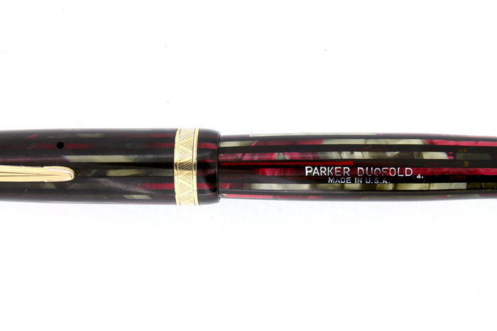1944 PARKER STRIPED SENIOR DUOFOLD DUSTY ROSE CELLULOID FOUNTAIN PEN RESTORED OFFERED BY ANTIQUE DIGGER