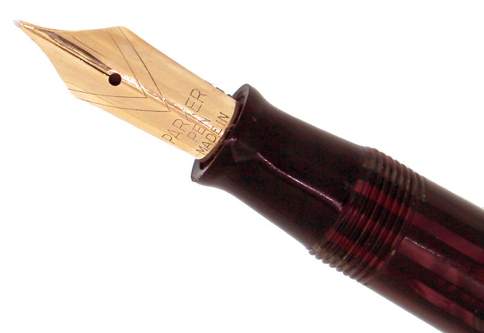 1944 PARKER STRIPED SENIOR DUOFOLD DUSTY ROSE CELLULOID FOUNTAIN PEN RESTORED OFFERED BY ANTIQUE DIGGER