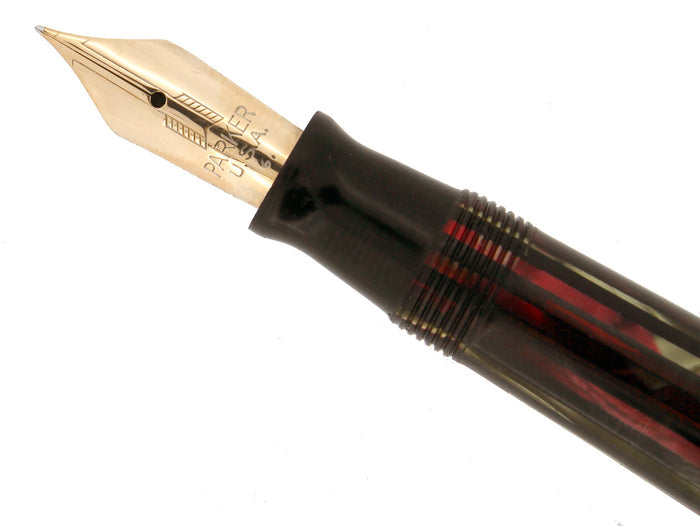 1944 PARKER STRIPED SENIOR DUOFOLD DUSTY ROSE CELLULOID FOUNTAIN PEN RESTORED OFFERED BY ANTIQUE DIGGER
