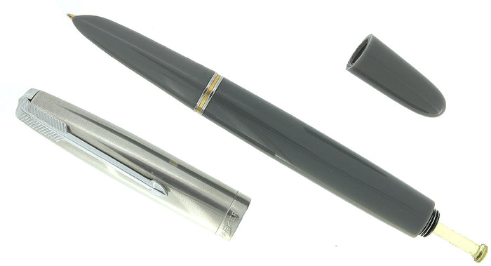 1945 PARKER 51 VACUMATIC DOVE GRAY FOUNTAIN PEN & PENCIL SET WITH BOX RESTORED OFFERED BY ANTIQUE DIGGER