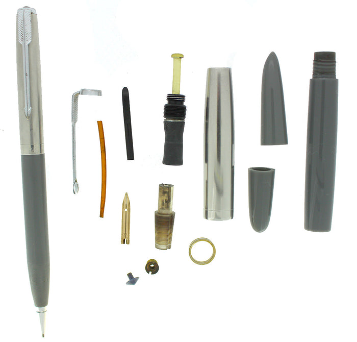 1945 PARKER 51 VACUMATIC DOVE GRAY FOUNTAIN PEN & PENCIL SET WITH BOX RESTORED OFFERED BY ANTIQUE DIGGER