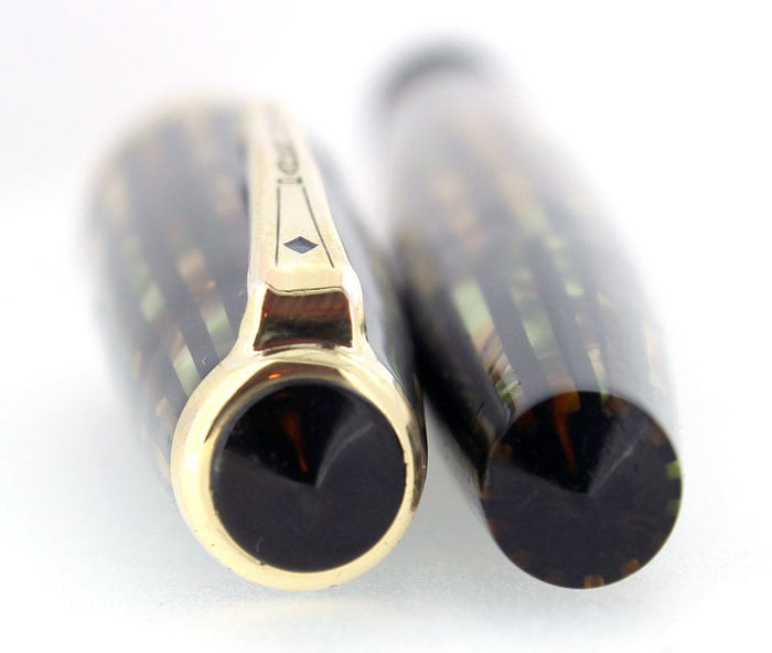 1945 PARKER DUOFOLD SENIOR GREEN GOLD CELLULOID FOUNTAIN PEN RESTORED OFFERED BY ANTIQUE DIGGER