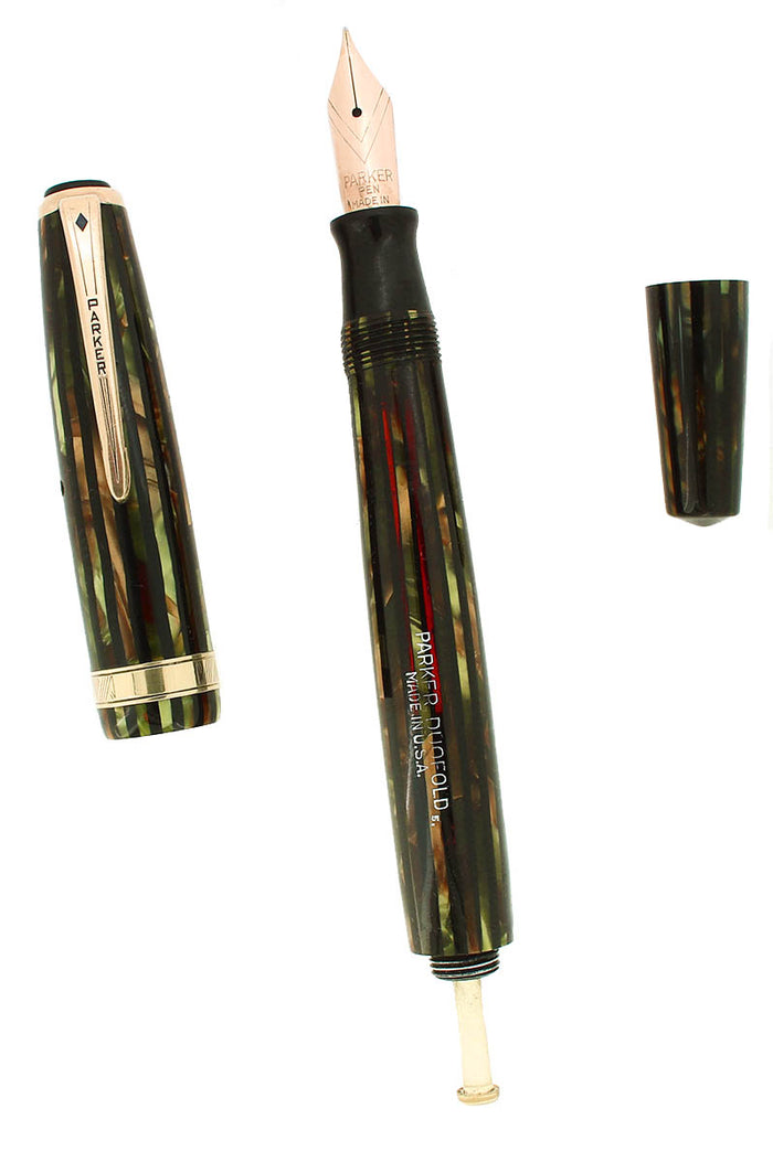 1945 PARKER DUOFOLD SENIOR GREEN GOLD CELLULOID FOUNTAIN PEN RESTORED OFFERED BY ANTIQUE DIGGER