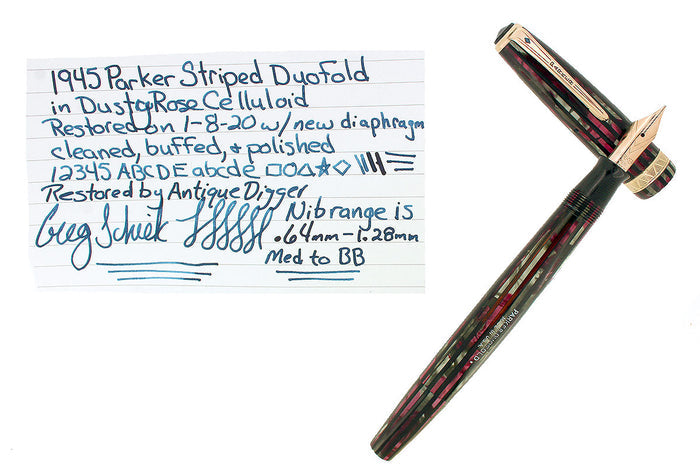 1945 PARKER SENIOR DUOFOLD DUSTY ROSE CELLULOID FOUNTAIN PEN M-BB NIB RESTORED OFFERED BY ANTIQUE DIGGER