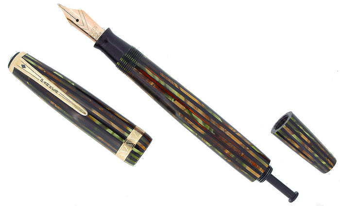 1945 PARKER SENIOR DUOFOLD GREEN GOLD CELLULOID FOUNTAIN PEN RESTORED OFFERED BY ANTIQUE DIGGER