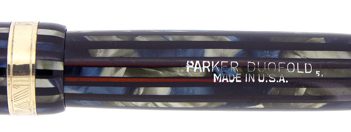 1946 PARKER SENIOR DUOFOLD STRIPED BLUE GRAY CELLULOID FOUNTAIN PEN RESTORED OFFERED BY ANTIQUE DIGGER