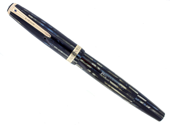 1945 PARKER SENIOR STRIPED DUOFOLD BLUE GRAY CELLULOID FOUNTAIN PEN RESTORED OFFERED BY ANTIQUE DIGGER