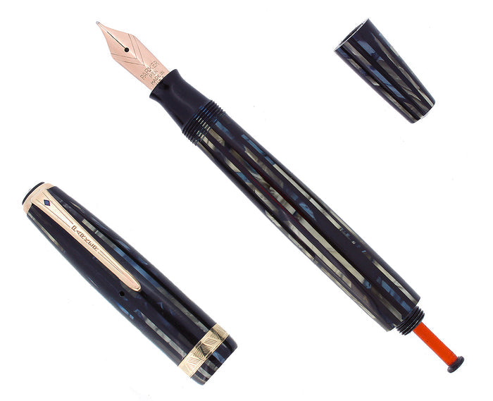 1945 PARKER SENIOR STRIPED DUOFOLD BLUE GRAY CELLULOID FOUNTAIN PEN RESTORED OFFERED BY ANTIQUE DIGGER