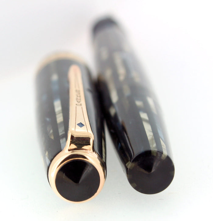 1945 PARKER SENIOR STRIPED DUOFOLD BLUE GRAY CELLULOID FOUNTAIN PEN RESTORED OFFERED BY ANTIQUE DIGGER