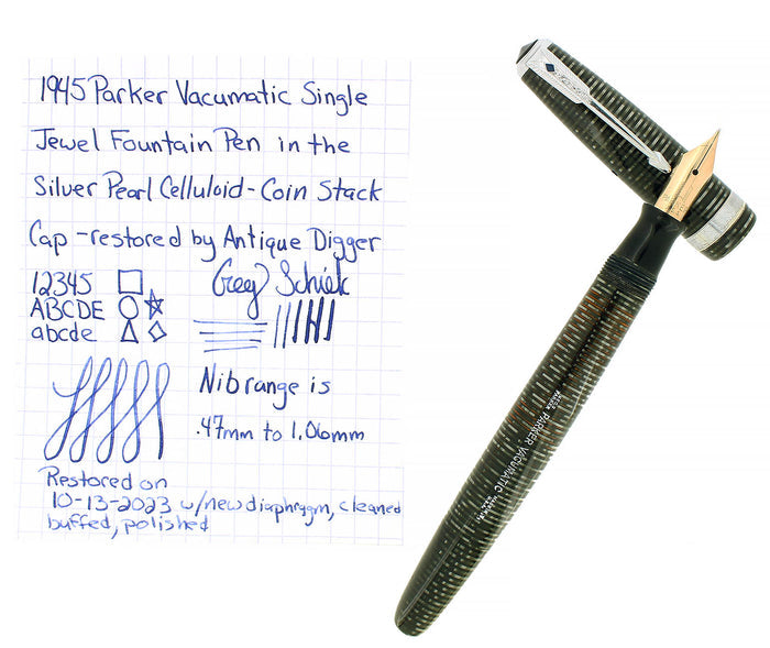 1945 PARKER SILVER PEARL VACUMATIC COIN STACK CAP MAJOR FOUNTAIN PEN RESTORED OFFERED BY ANTIQUE DIGGER