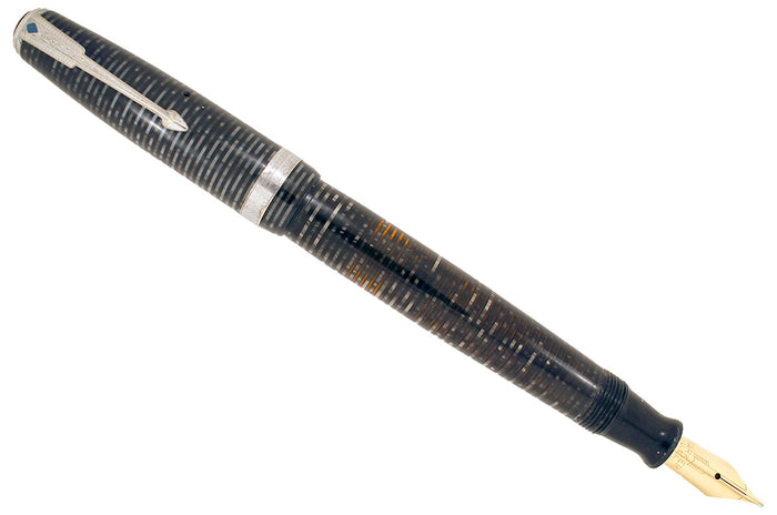 1945 PARKER SILVER PEARL VACUMATIC MAJOR FOUNTAIN PEN COIN STACKED JEWELERS BAND RESTORED OFFERED BY ANTIQUE DIGGER