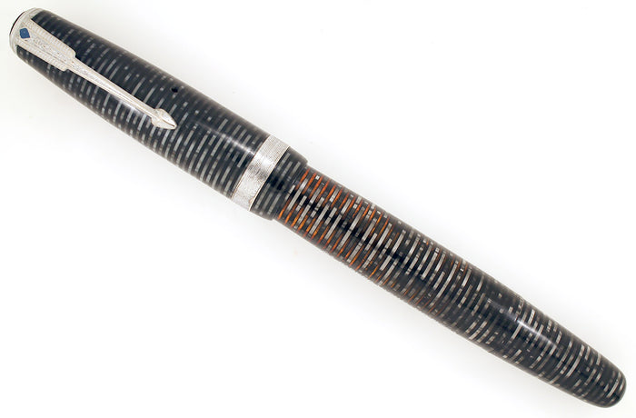 1945 PARKER SILVER PEARL VACUMATIC MAJOR FOUNTAIN PEN COIN STACKED JEWELERS BAND RESTORED OFFERED BY ANTIQUE DIGGER
