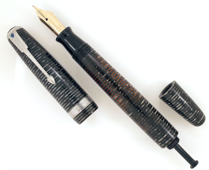 1945 PARKER SILVER PEARL VACUMATIC MAJOR FOUNTAIN PEN COIN STACKED JEWELERS BAND RESTORED OFFERED BY ANTIQUE DIGGER