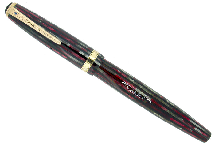 1945 PARKER STRIPED SENIOR DUOFOLD DUSTY ROSE CELLULOID FOUNTAIN PEN IN RESTORED CONDITION OFFERED BY ANTIQUE DIGGER