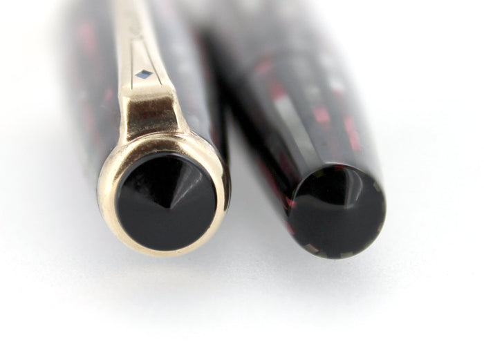 1945 PARKER STRIPED SENIOR DUOFOLD DUSTY ROSE CELLULOID FOUNTAIN PEN IN RESTORED CONDITION OFFERED BY ANTIQUE DIGGER