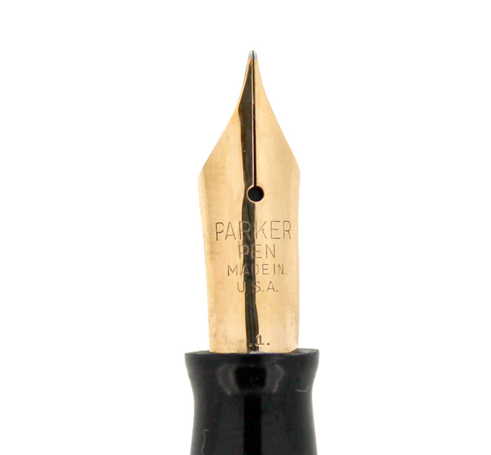 1945 PARKER STRIPED SENIOR DUOFOLD DUSTY ROSE CELLULOID FOUNTAIN PEN IN RESTORED CONDITION OFFERED BY ANTIQUE DIGGER