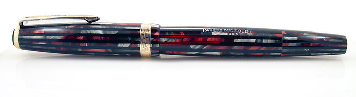 1945 PARKER STRIPED SENIOR DUOFOLD DUSTY ROSE CELLULOID FOUNTAIN PEN RESTORED OFFERED BY ANTIQUE DIGGER