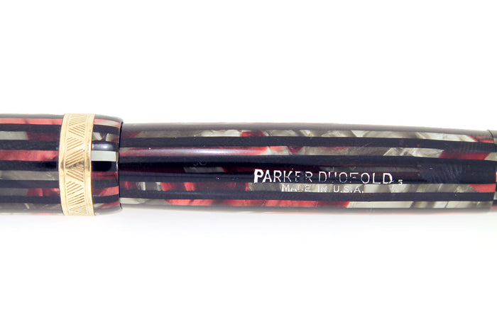 1945 PARKER STRIPED SENIOR DUOFOLD DUSTY ROSE CELLULOID FOUNTAIN PEN RESTORED OFFERED BY ANTIQUE DIGGER