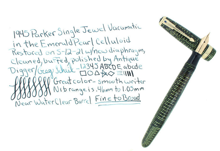 1945 PARKER VACUMATIC EMERALD PEARL SINGLE JEWEL FOUNTAIN PEN RESTORED EXCELLENT OFFERED BY ANTIQUE DIGGER