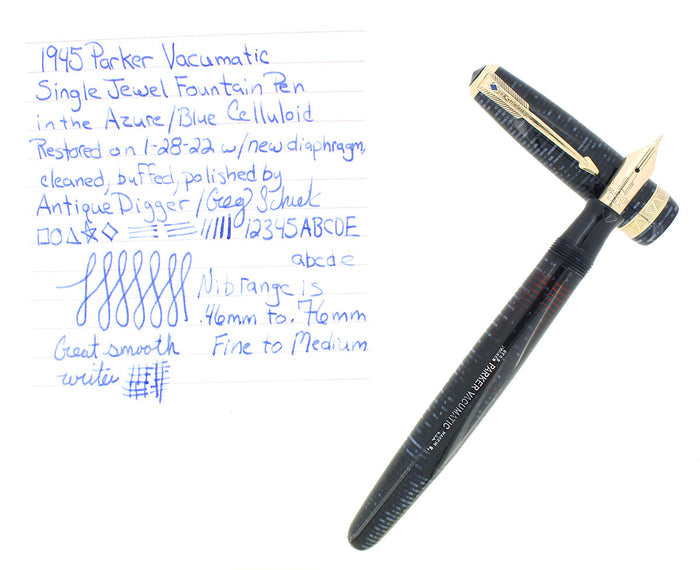 1945 PARKER VACUMATIC MAJOR AZURE BLUE PEARL FOUNTAIN PEN RESTORED OFFERED BY ANTIQUE DIGGER
