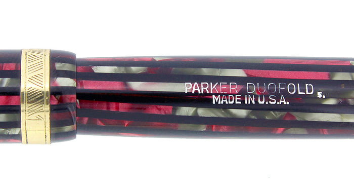 1945 SENIOR PARKER DUOFOLD STRIPED DUSTY ROSE CELLULOID FOUNTAIN PEN RESTORED OFFERED BY ANTIQUE DIGGER