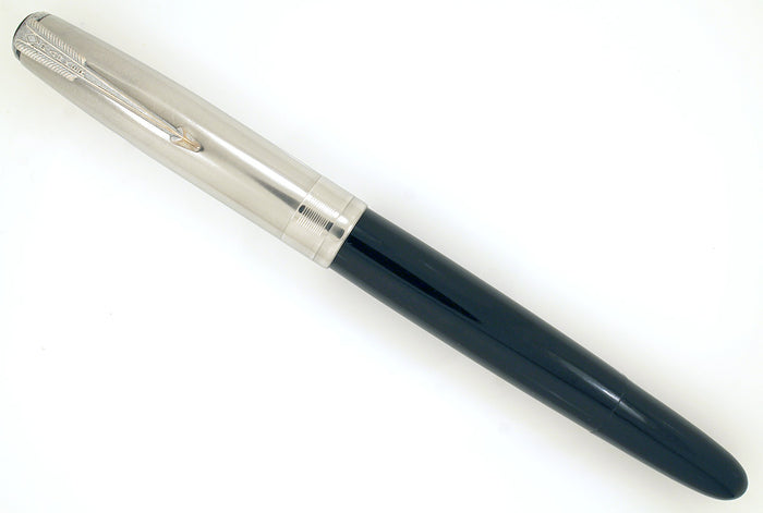 1946 PARKER 51 BLACK FOUNTAIN PEN WITH JEWELER'S COIN STACK CAP BANDING OFFERED BY ANTIQUE DIGGER