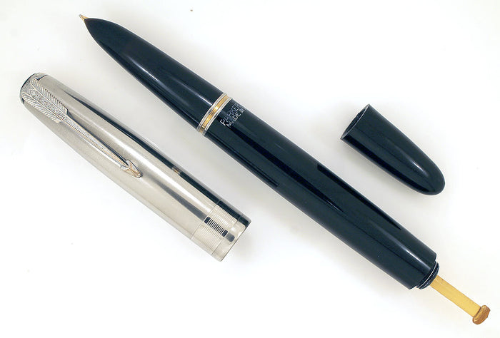 1946 PARKER 51 BLACK FOUNTAIN PEN WITH JEWELER'S COIN STACK CAP BANDING OFFERED BY ANTIQUE DIGGER
