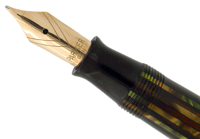 1946 PARKER STRIPED SENIOR DUOFOLD GREEN GOLD CELLULOID FOUNTAIN PEN RESTORED OFFERED BY ANTIQUE DIGGER