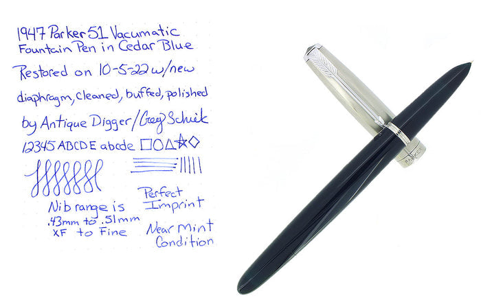 1947 PARKER 51 CEDAR BLUE VACUMATIC FINE NIB FOUNTAIN PEN RESTORED NEAR MINT OFFERED BY ANTIQUE DIGGER