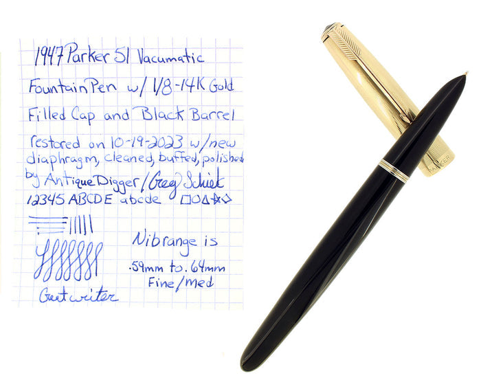 1947 PARKER 51 INDIA BLACK & GOLD CAP VACUMATIC FOUNTAIN PEN RESTORED OFFERED BY ANTIQUE DIGGER