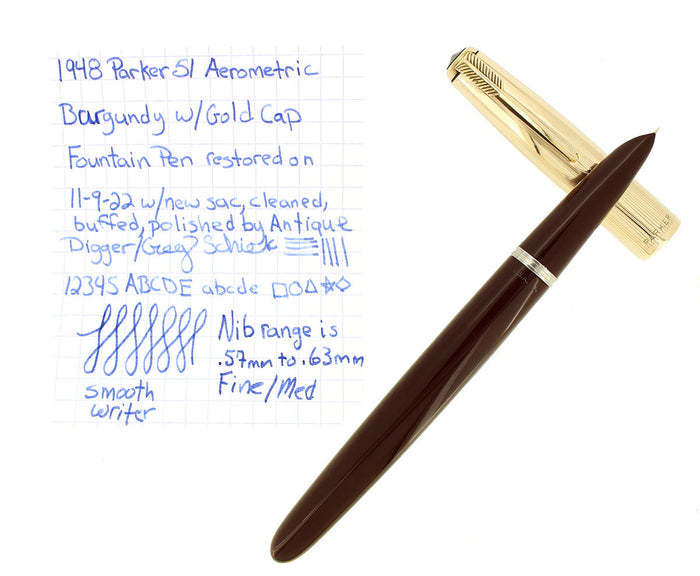 1948 PARKER 51 AEROMETRIC BURGUNDY FOUNTAIN PEN FINE/MEDIUM NIB RESTORED OFFERED BY ANTIQUE DIGGER