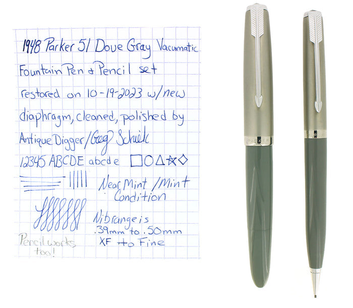 1948 PARKER 51 DOVE GRAY VACUMATIC FOUNTAIN PEN & PENCIL RESTORED NEAR MINT OFFERED BY ANTIQUE DIGGER