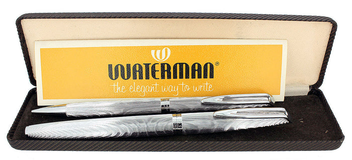1950S WATERMAN C/F SILVER MOIRE FOUNTAIN PEN 18K NIB & PENCIL SET NR MINT OFFERED BY ANTIQUE DIGGER