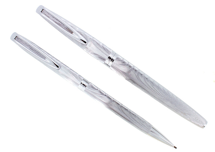 1950S WATERMAN C/F SILVER MOIRE FOUNTAIN PEN 18K NIB & PENCIL SET NR MINT OFFERED BY ANTIQUE DIGGER